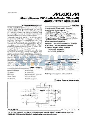 MAX4295 datasheet - Mono/Stereo 2W Switch-Mode (Class-D) Audio Power Amplifiers