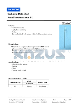 PT204-6C datasheet - 3mm Phototransistor T-1