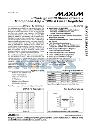 MAX4299 datasheet - Ultra-High PSRR Stereo Drivers  Microphone Amp  100mA Linear Regulator