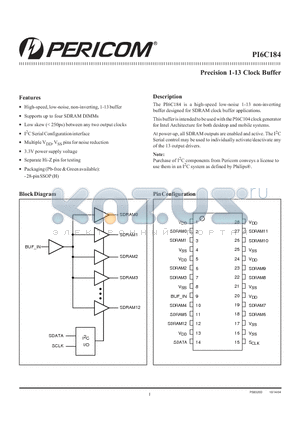 PI6C184HE datasheet - Precision 1-13 Clock Buffer