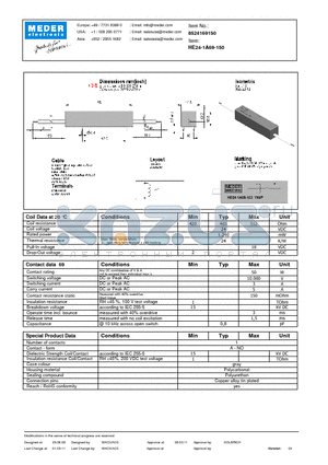 HE24-1A69-150 datasheet - HE Reed Relay