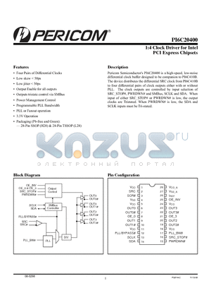 PI6C20400 datasheet - 1:4 Clock Driver for Intel PCI Express Chipsets