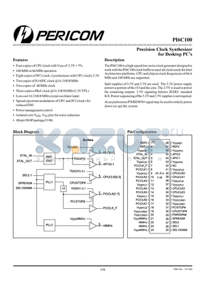 PI6C100V datasheet - Precision Clock Synthesizer for Desktop PC’s