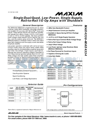 MAX4330 datasheet - Single/Dual/Quad, Low-Power, Single-Supply, Rail-to-Rail I/O Op Amps with Shutdown