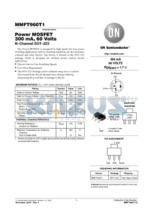 MMFT960T1 datasheet - Power MOSFET 300 mA, 60 Volts