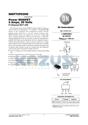 MMFT5P03HD datasheet - Power MOSFET 5 Amps, 30 Volts