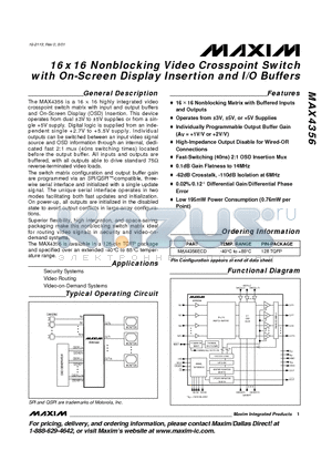 MAX4356 datasheet - 16x16 Nonblocking Video Crosspoint Switch with On-Screen Display Insertion and I/O Buffers