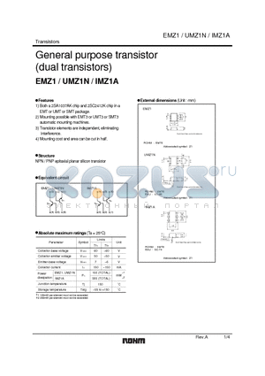 IMZ1A datasheet - General purpose transistor (dual transistors)