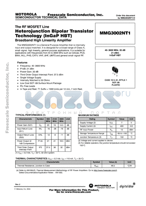 MMG3002NT1 datasheet - Heterojunction Bipolar Transistor Technology (InGaP HBT)