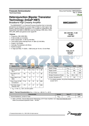 MMG3005NT1 datasheet - Heterojunction Bipolar Transistor Technology (InGaP HBT)