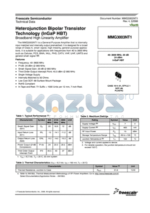 MMG3003NT1 datasheet - Heterojunction Bipolar Transistor Technology (InGaP HBT) Broadband High Linearity Amplifier