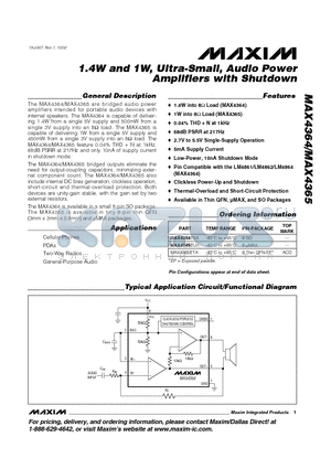 MAX4365 datasheet - 1.4W and 1W, Ultra-Small, Audio Power Amplifiers with Shutdown