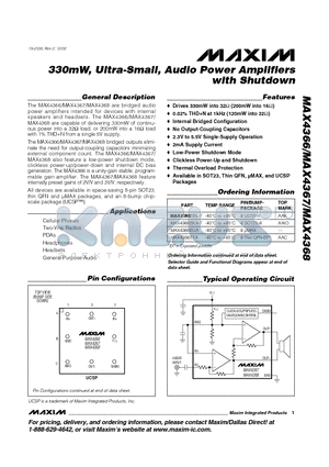 MAX4366EKA-T datasheet - 330mW, Ultra-Small, Audio Power Amplifiers with Shutdown