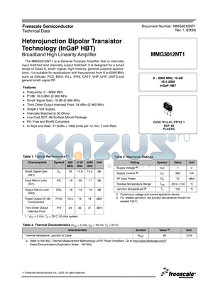 MMG3012NT1 datasheet - Heterojunction Bipolar Transistor Technology (InGaP HBT)