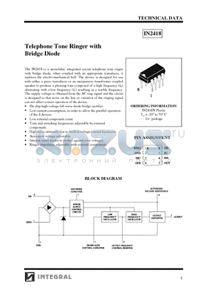 IN2418N datasheet - Telephone Tone Ringer with Bridge Diode