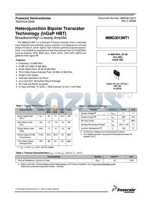 MMG3013NT1 datasheet - Heterojunction Bipolar Transistor Technology (InGaP HBT)