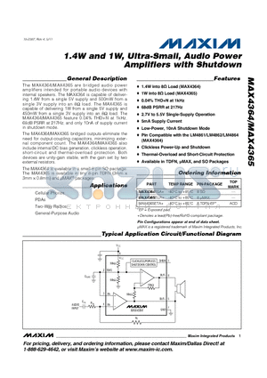 MAX4364ESA datasheet - 1.4W and 1W, Ultra-Small, Audio Power Amplifiers with Shutdown