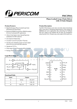 PI6C2504A datasheet - Phase-Locked Loop Clock Driver with 4 Clock Outputs