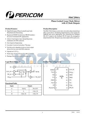 PI6C2504AQ datasheet - Phase-Locked Loop Clock Driver with 4 Clock Outputs