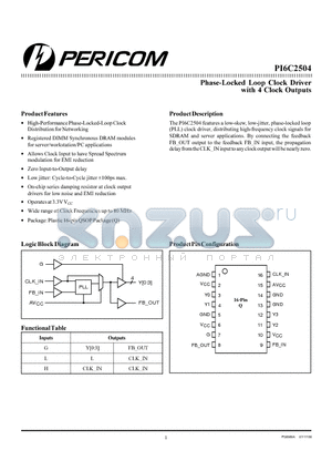 PI6C2504Q datasheet - Phase-Locked Loop Clock Driver with 4 Clock Outputs