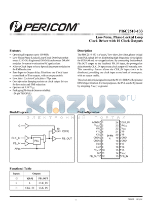 PI6C2510-133 datasheet - Low-Noise, Phase-Locked Loop Clock Driver with 10 Clock Outputs