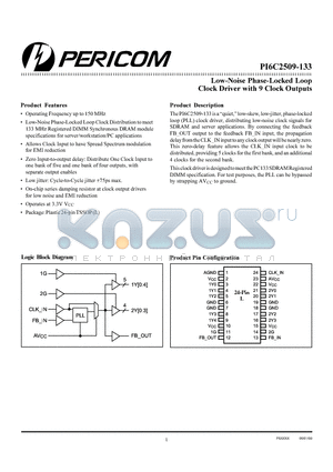 PI6C2509-133 datasheet - Low-Noise Phase-Locked Loop Clock Driver with 9 Clock Outputs