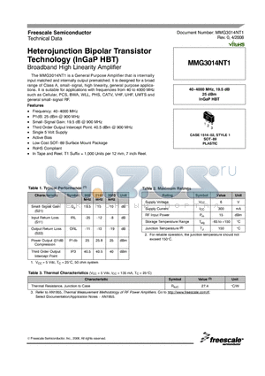 MMG3014NT1 datasheet - Heterojunction Bipolar Transistor Technology (InGaP HBT)