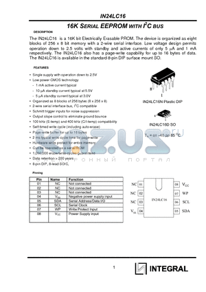 IN24LC16 datasheet - 16K SERIAL EEPROM WITH I2C BUS