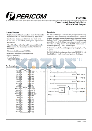 PI6C2516 datasheet - Phase-Locked Loop Clock Driver with 16 Clock Outputs