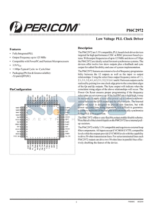 PI6C2972 datasheet - Low Voltage PLL Clock Driver