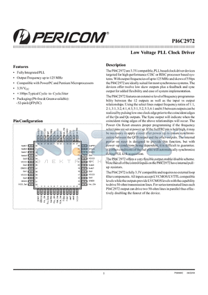 PI6C2972FC datasheet - Low Voltage PLL Clock Driver