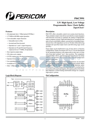 PI6C3991 datasheet - 3.3V High-Speed, Low-Voltage Programmable Skew Clock Buffer SuperClock