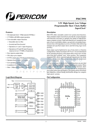 PI6C3991-2J datasheet - 3.3V High-Speed, Low-Voltage Programmable Skew Clock Buffer SuperClock