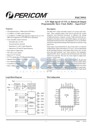 PI6C39911-5J datasheet - 3.3V High Speed LVTTL or Balanced Output Programmable Skew Clock Buffer - SuperClock