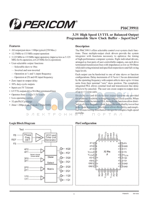 PI6C39911-2J datasheet - 3.3V High Speed LVTTL or Balanced Output Programmable Skew Clock Buffer - SuperClock