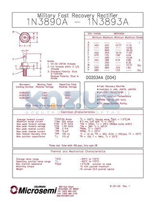 IN3891A datasheet - Military FAST RECOVERY RECTIFIER