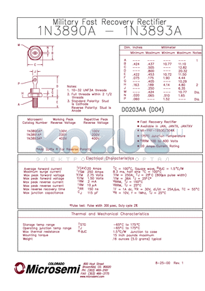 IN3893A datasheet - Military FAST RECOVERY RECTIFIER