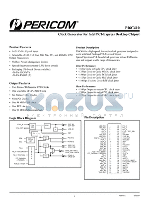 PI6C410 datasheet - Clock Generator for Intel PCI-Express Desktop Chipset