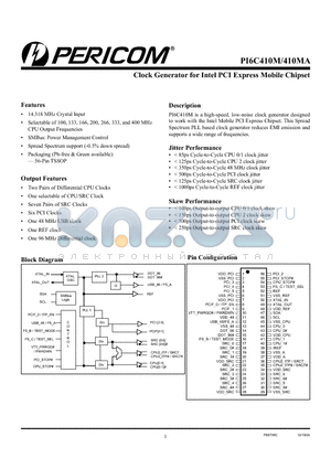PI6C410MA datasheet - Clock Generator for Intel PCI Express Mobile Chipset