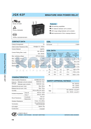JQX-62F/0181HNIL datasheet - MINIATURE HIGH POWER RELAY
