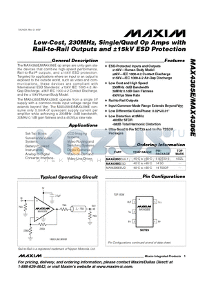 MAX4386EESD datasheet - Low-Cost, 230MHz, Single/Quad Op Amps with Rail-to-Rail Outputs and a15kV ESD Protection