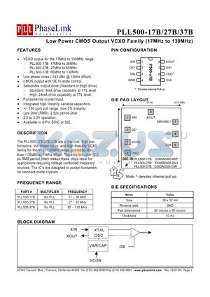 P500-17BSC datasheet - Low Phase Noise VCXO (17MHz to 36MHz)