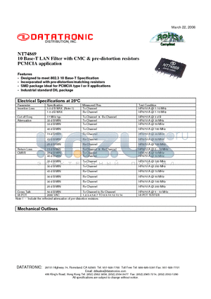 NT74869 datasheet - 10 Base-T LAN Filter with CMC & pre-distortion resistors PCMCIA application