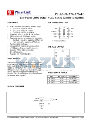 P500-47DC datasheet - Low Power CMOS Output VCXO Family (27MHz to 200MHz)