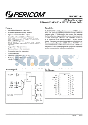 PI6C48533-01LE datasheet - 3.3V Low Skew 1-to-4 Differential/LVCMOS to LVPECL Fanout Buffer