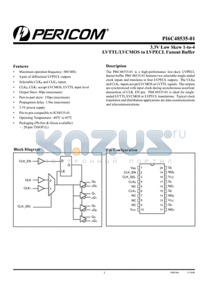 PI6C48535-01 datasheet - 3.3V Low Skew 1-to-4 LVTTL/LVCMOS to LVPECL Fanout Buffer