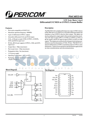 PI6C48533-01 datasheet - 3.3V Low Skew 1-to-4 Differential/LVCMOS to LVPECL Fanout Buffer