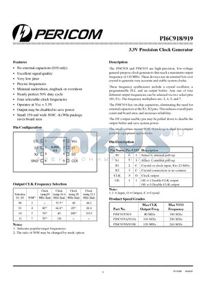 PI6C918 datasheet - 3.3V PRECISION CLOCK GENERATOR