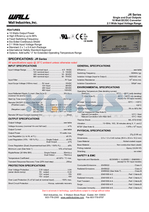 JR12D12-420 datasheet - Single and Dual Outputs 10 Watt DC/DC Converter 2:1 Wide Input Voltage Range