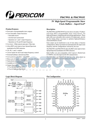 PI6C9911-5IJ datasheet - 5V High-Speed Programmable Skew Clock Buffers